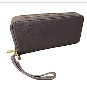Grey Double Sided Zipper Wallet Clutch Gold Trim Hardware Gray With Strap